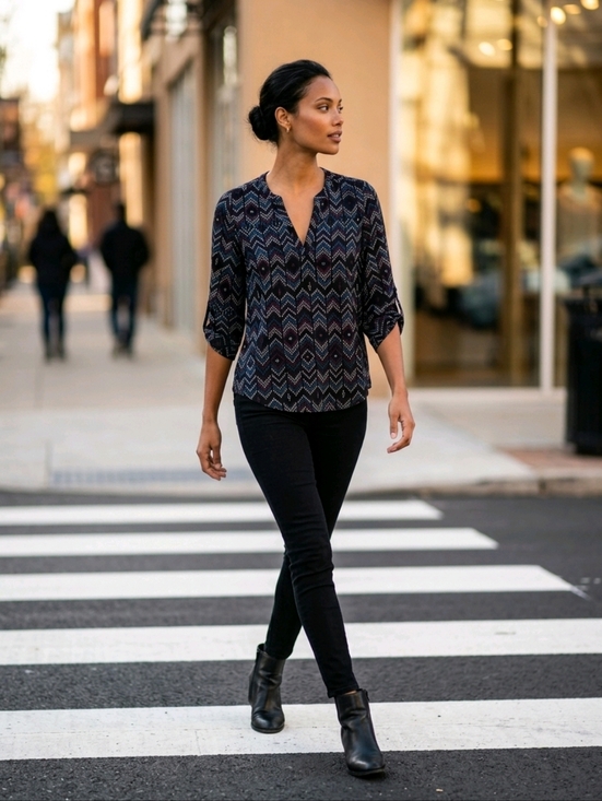 Maurices Tops - Maurices Black Geometric V-Neck Blouse with Teal & Plum Accents